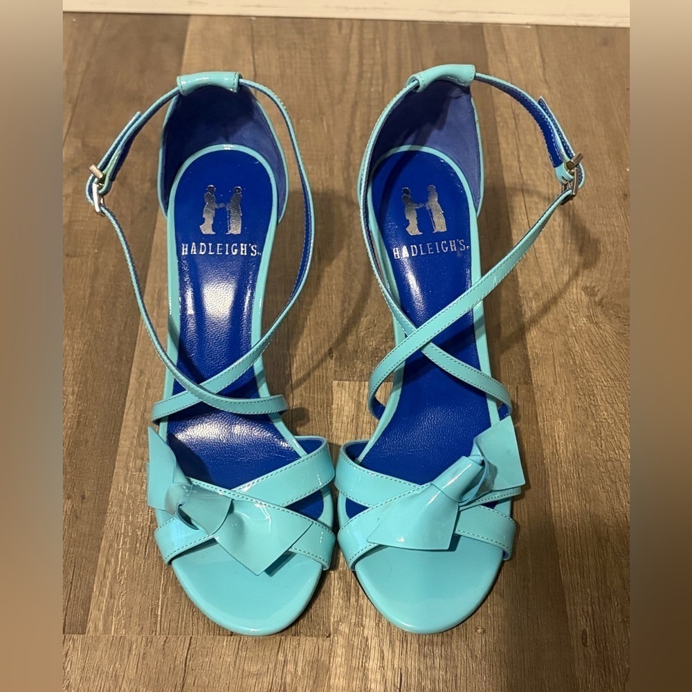 Hadleigh's blue patent leather high-heeled sandals